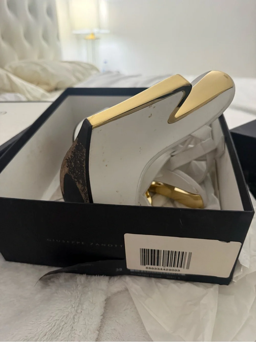 Giuseppe Zanotti White Leather Wedge Heels with Gold Sculpted Heel - Picture 1 of 5